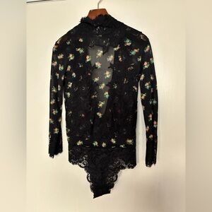 Black Floral Lace Long-Sleeve Bodysuit